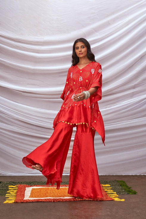 Short Bandhani Kaftan With Sharara Pants
