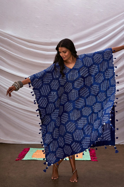 Hexagonal Bandhani Kaftan With Tassel & Coin Embroidery