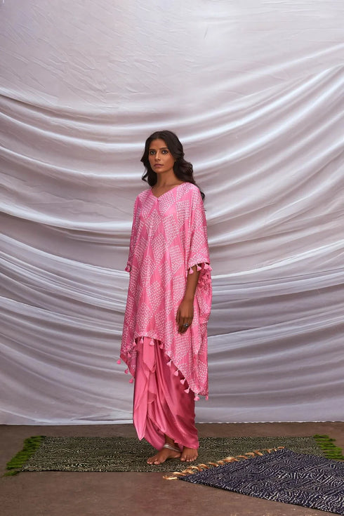 Kite Patterned Bandhani Kaftan With Drape Skirt