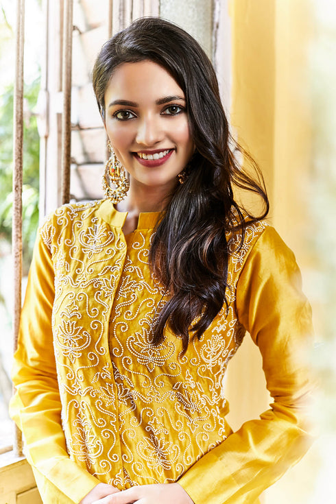 Silk Chanderi Long Asymmetrical Tunic With Pearl Embroidered Lotus Jaal