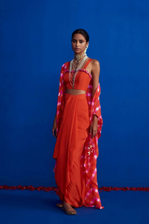 Leheriya Cape Set With Draped Skirt