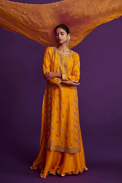 Heavily Embroidered Kurta Set With Sharara Pants