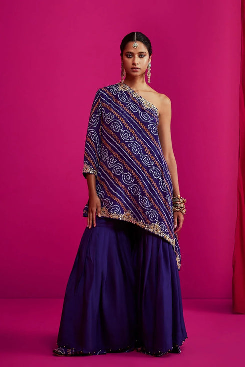 Bandhani One Shoulder Asymmetrical Kurta With Sharara Pants