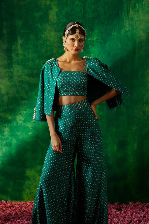 Short Bandhni Blazer With Bustier And Flared Pants