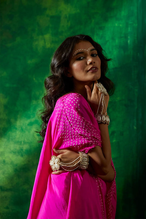 Bandhni Asymmetrical Cape With Drape Skirt