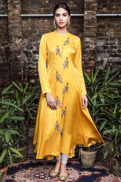 Linen Satin Dress With Peacock Motifs