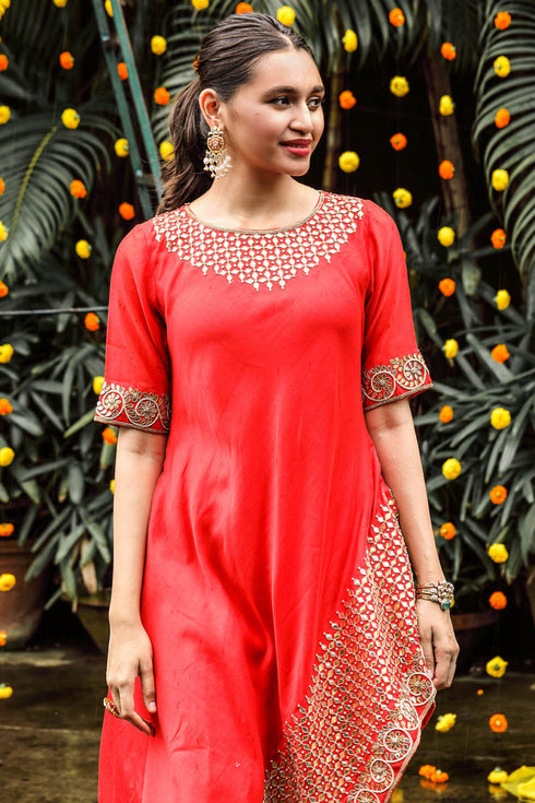 Asymmetrical Gota Embroidered Kurta Set