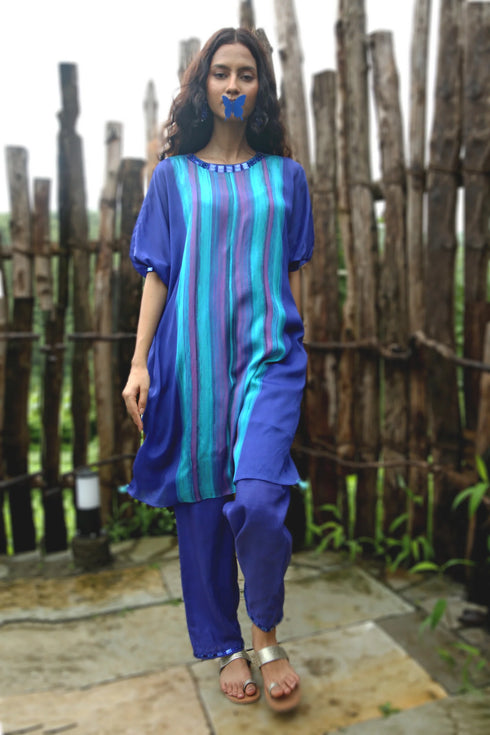 Electric Blue Chinon Chiffon Striped Embroidered Co-Ord Set