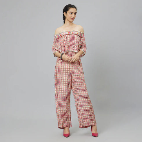 Ivory Geometric Print Off-Shoulder Jumpsuit With Attached Cape