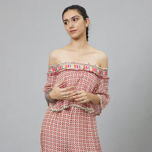 Ivory Geometric Print Off-Shoulder Jumpsuit With Attached Cape