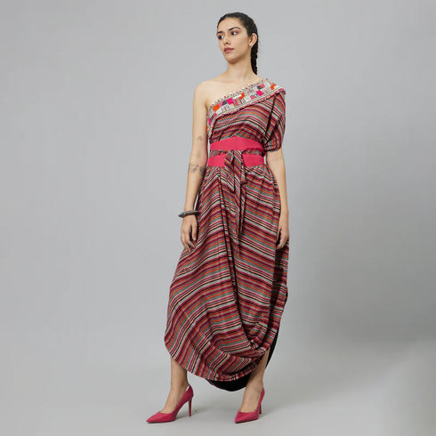 Bohemian Stripe One Shoulder Cowl Dress Teamed With A Belt