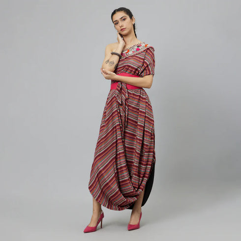 Bohemian Stripe One Shoulder Cowl Dress Teamed With A Belt