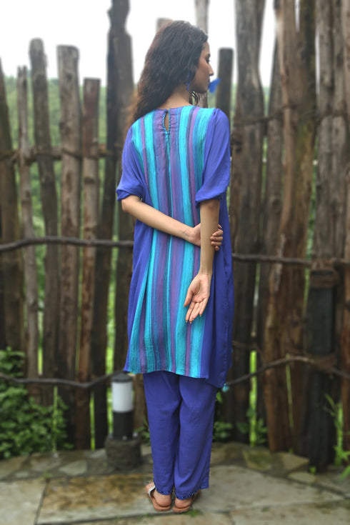 Electric Blue Chinon Chiffon Striped Embroidered Co-Ord Set