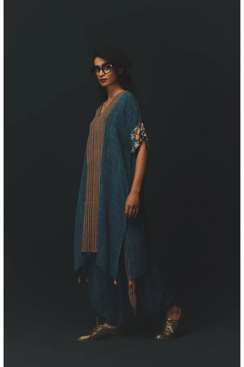 Navy Blue Crepe Textured Tunic Set