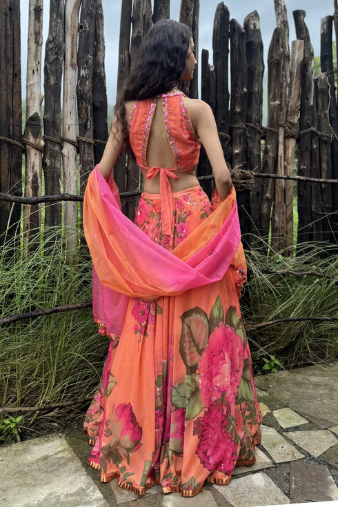 Orange & Pink Organza Floral Lehenga Set