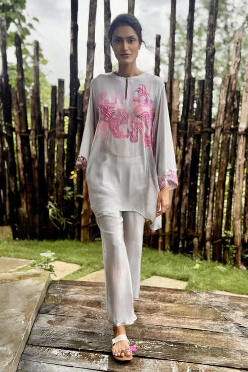White & Pink Crepe Embroidered Co-Ord Set