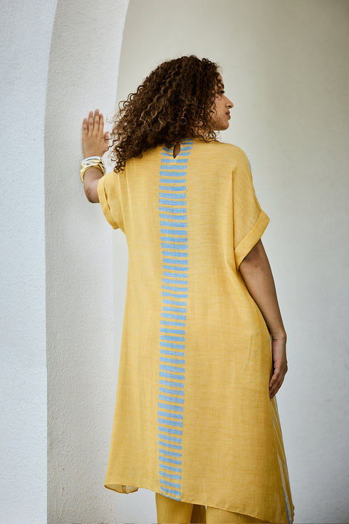Printed Yellow Linen Kurta Set