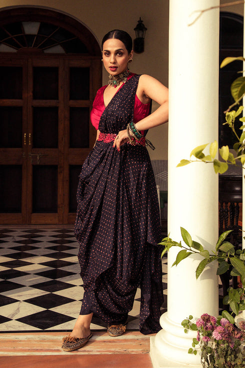 Black Red Bandhni Drape Saree