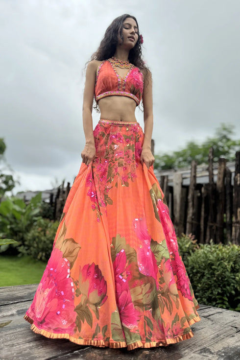 Orange & Pink Organza Floral Lehenga Set