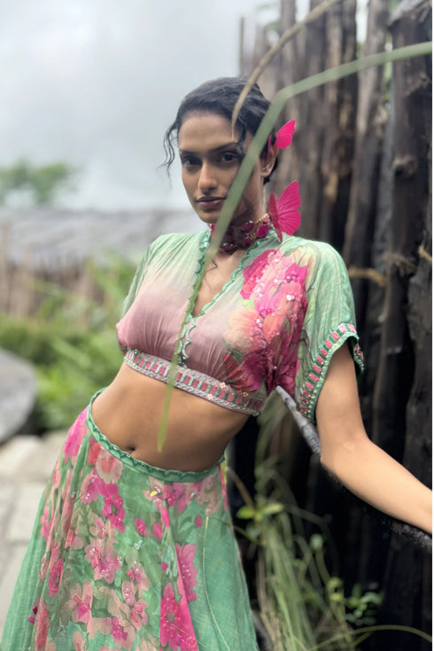 Mint Organza Floral Lehenga Set