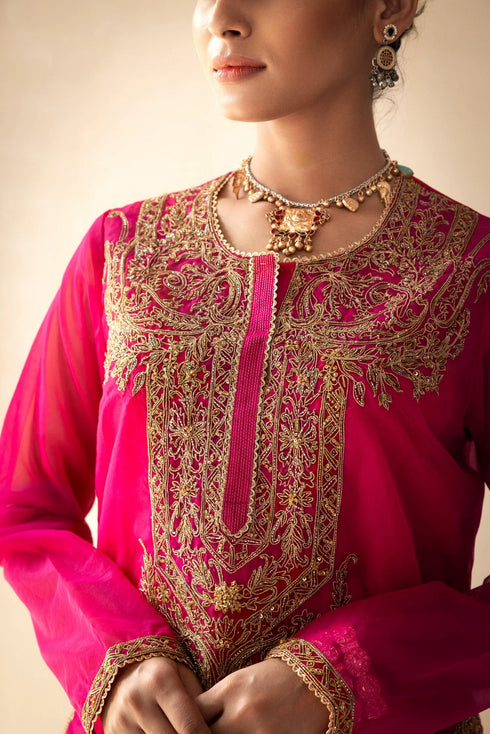 Pink Embroidered Organza Kurta Set