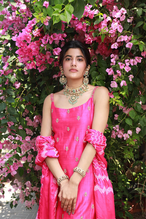 Embroidered Kurta Set With Leher Bandhni Dupatta