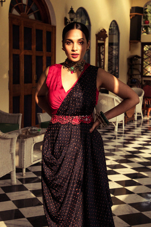 Black Red Bandhni Drape Saree