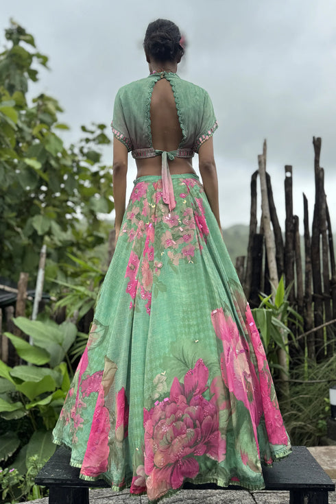 Mint Organza Floral Lehenga Set