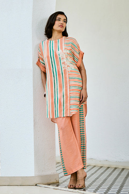Printed Peach Linen Kurta Set