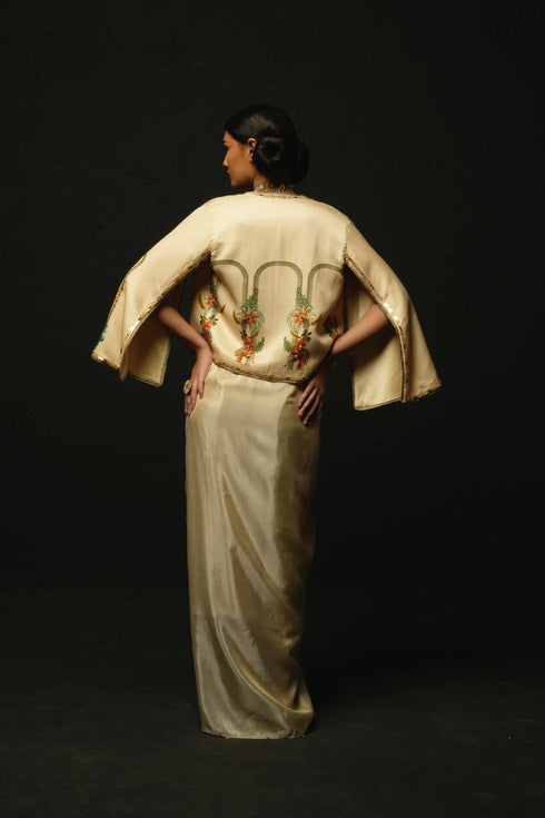 Beige Linen Satin Draped Skirt Set