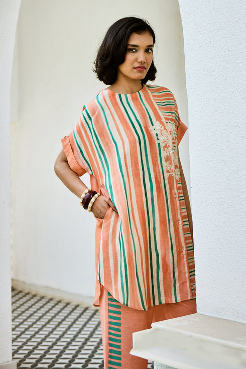 Printed Peach Linen Kurta Set