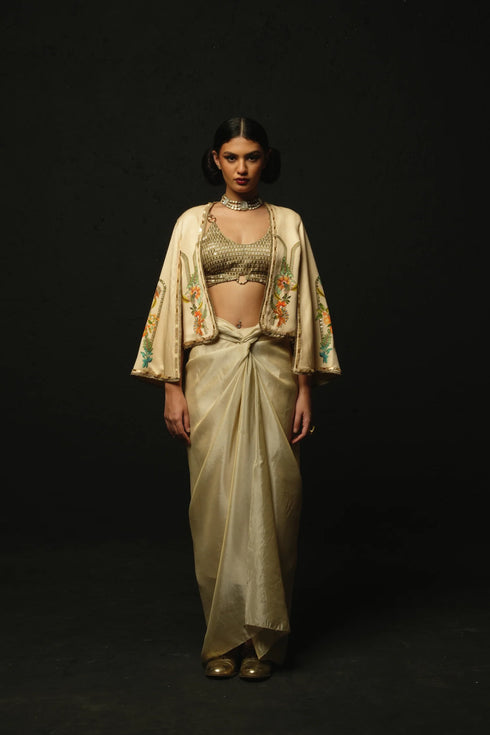 Beige Linen Satin Draped Skirt Set