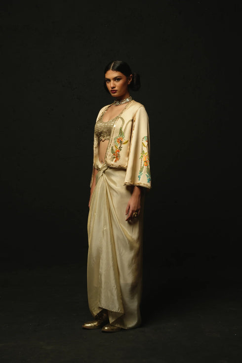 Beige Linen Satin Draped Skirt Set