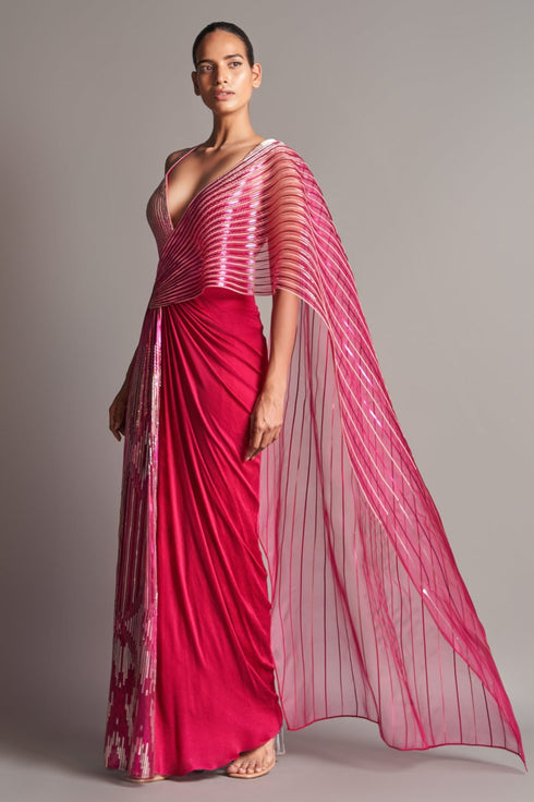 Fuchsia Metallic Winged Saree