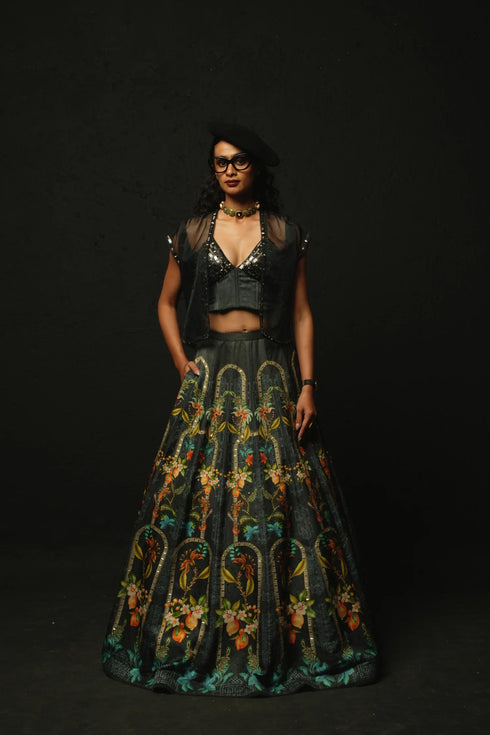 Charcoal Linen Satin Jacket Lehenga Set