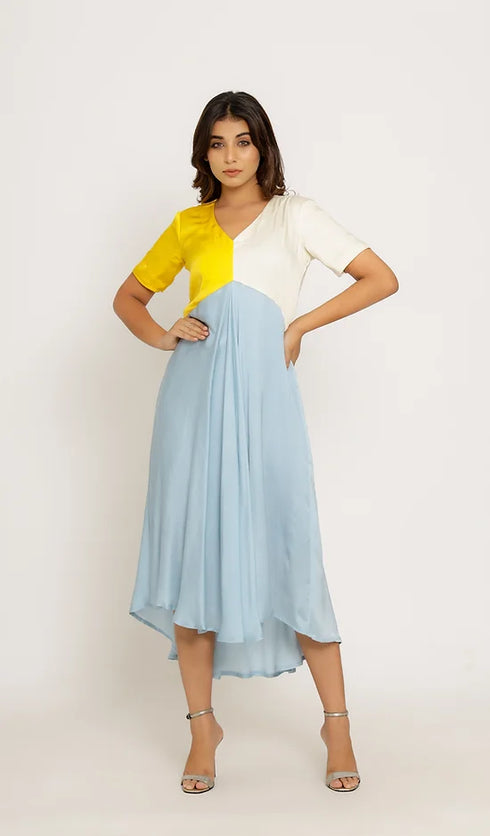 Yellow-Ice Blue Midi Dress