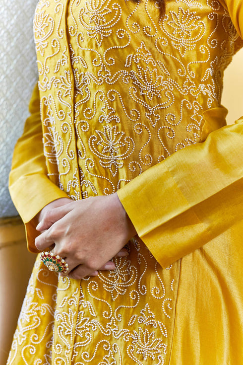 Silk Chanderi Long Asymmetrical Tunic With Pearl Embroidered Lotus Jaal