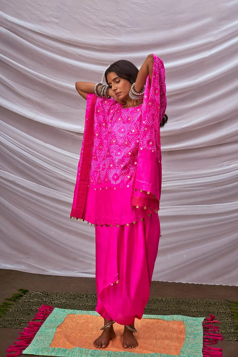 Short Bandhani Kaftan With Dhoti Pants
