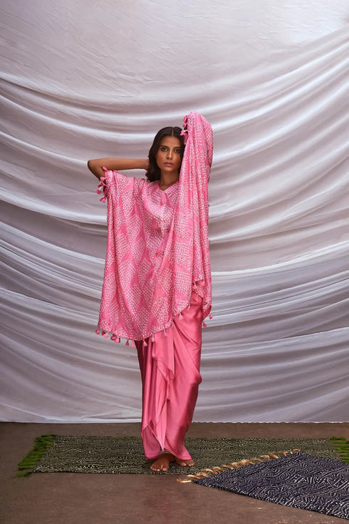 Kite Patterned Bandhani Kaftan With Drape Skirt