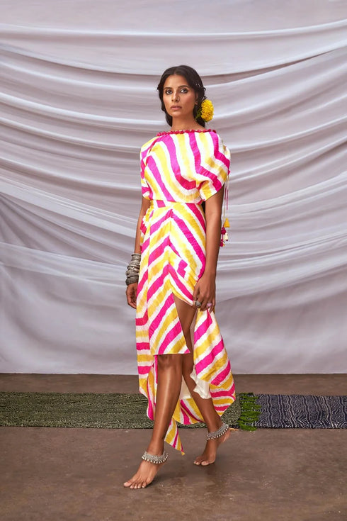 Boat Neck Leheriya Dress With Tassel Embroidery