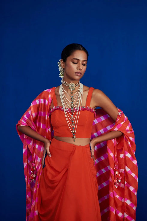 Leheriya Cape Set With Draped Skirt