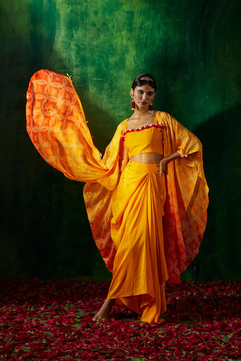 Bandhni Cape Set With Drape Skirt