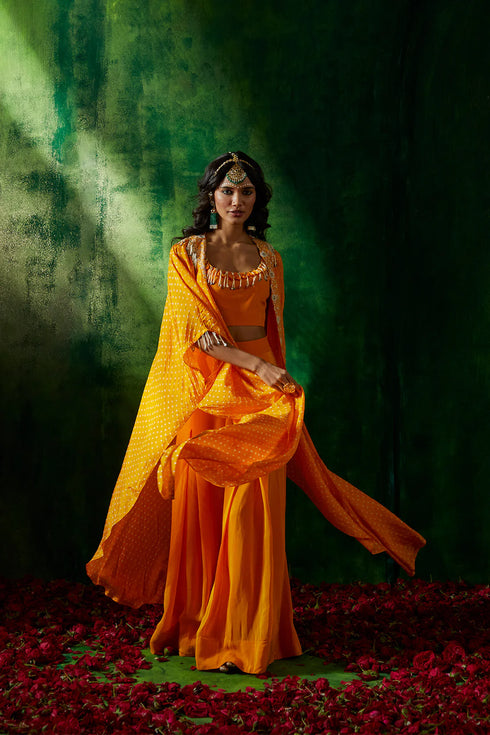 Bandhni Cape Set With Flared Pants