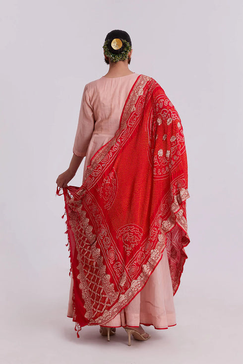 Peach Tissue Anarkali With Heavy Bandhni Dupatta