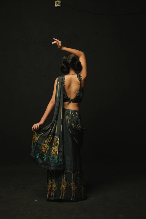 Charcoal Gajji Satin & Chiffon Pre-Draped Saree Set