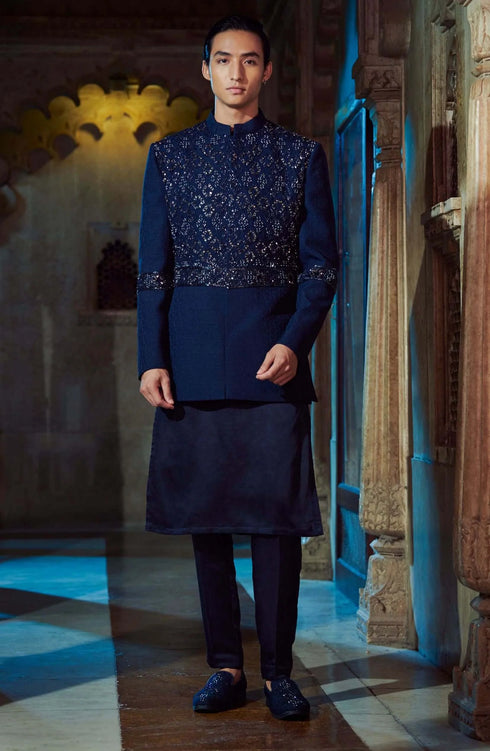 Navy Blue Kurta Jacket Set