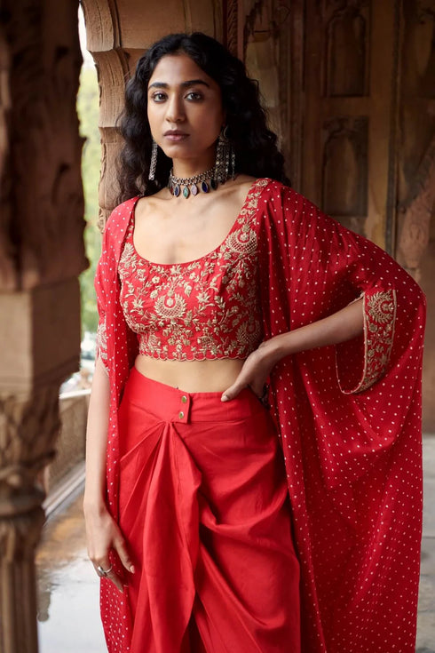 Bandhani Cape Set With A Chandbali Crop Top