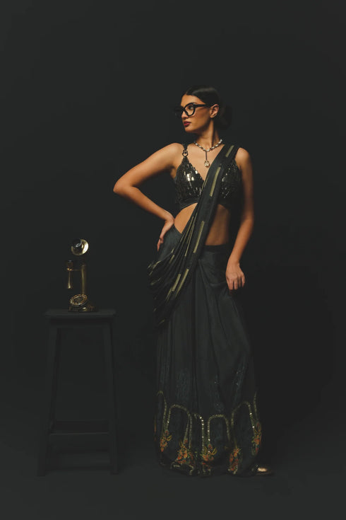 Charcoal Gajji Satin & Chiffon Pre-Draped Saree Set