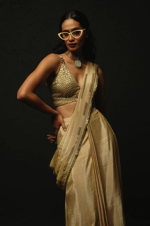 Beige Gajji Satin & Chiffon Pre-Draped Saree Set