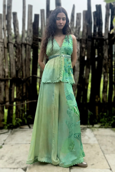 Aqua Green Chinon Chiffon Pant Set